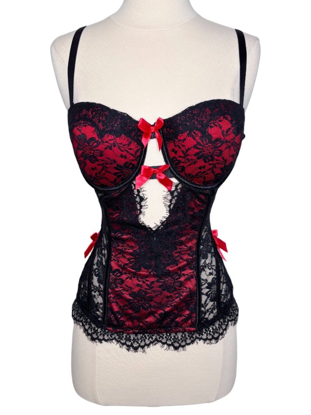 Morbid Threads Red Black Lace Cut Out Y2K Goth Bows Push Up Corset Top Size 36C